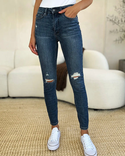 Judy Blue Full Size Mid Waist Distressed Slim Jeans - THE AMERICAN BLUE