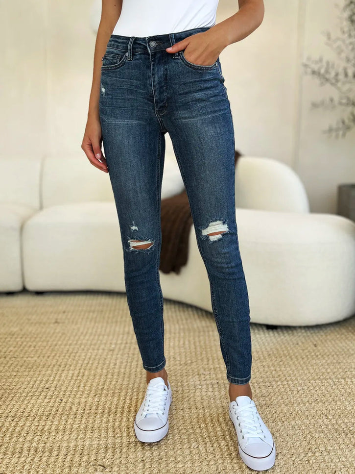 Judy Blue Full Size Mid Waist Distressed Slim Jeans - THE AMERICAN BLUE