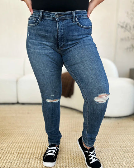 Judy Blue Full Size Mid Waist Distressed Slim Jeans - THE AMERICAN BLUE