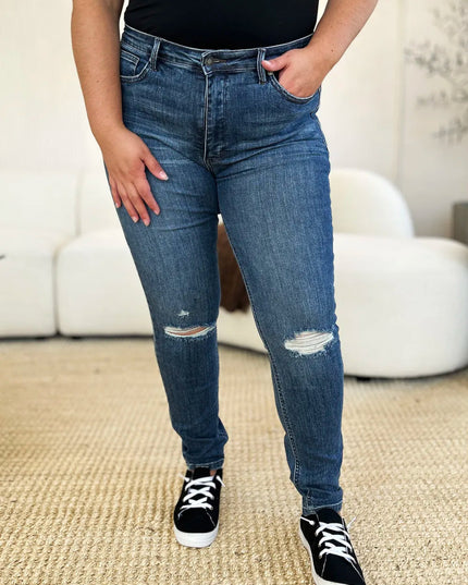 Judy Blue Full Size Mid Waist Distressed Slim Jeans - THE AMERICAN BLUE