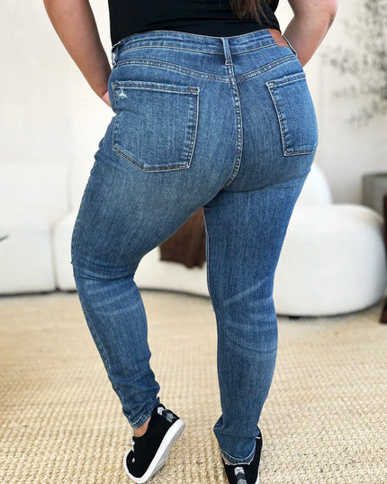 Judy Blue Full Size Mid Waist Distressed Slim Jeans - THE AMERICAN BLUE
