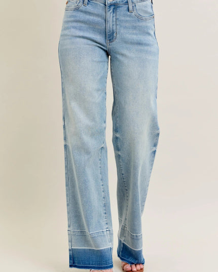 Judy Blue Full Size Mr Release Hem Wide Leg Jeans Plus Size - THE AMERICAN BLUE