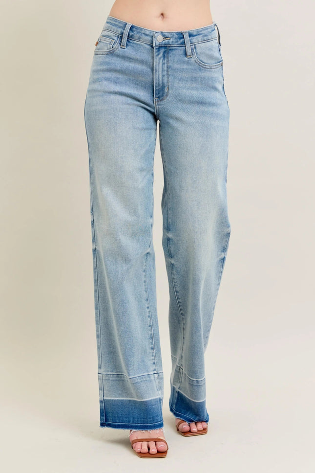 Judy Blue Full Size Mr Release Hem Wide Leg Jeans Plus Size - THE AMERICAN BLUE
