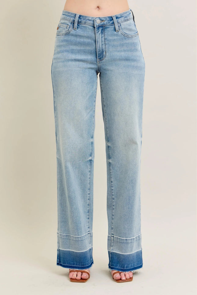Judy Blue Full Size Mr Release Hem Wide Leg Jeans Plus Size - THE AMERICAN BLUE