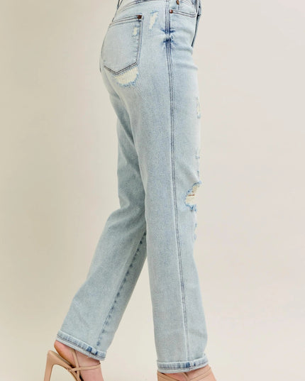 Judy Blue Full Size Mr Repair Stitch Detail Destroy Single Cuff Bf Jeans Plus Size - THE AMERICAN BLUE