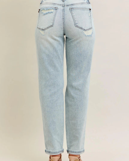 Judy Blue Full Size Mr Repair Stitch Detail Destroy Single Cuff Bf Jeans Plus Size - THE AMERICAN BLUE