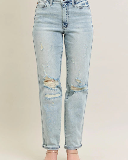 Judy Blue Full Size Mr Repair Stitch Detail Destroy Single Cuff Bf Jeans Plus Size - THE AMERICAN BLUE