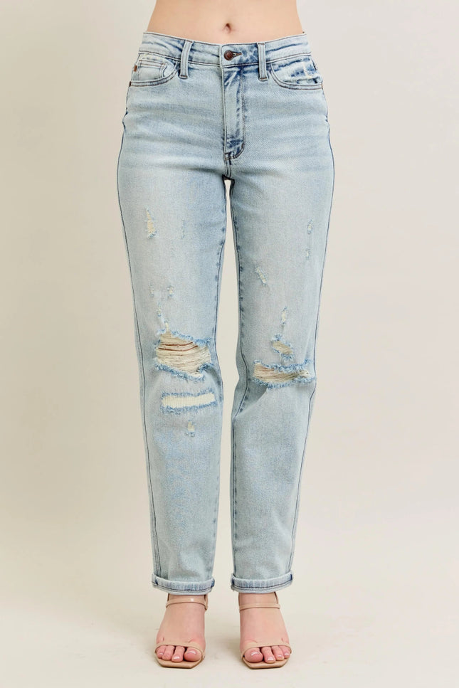 Judy Blue Full Size Mr Repair Stitch Detail Destroy Single Cuff Bf Jeans Plus Size - THE AMERICAN BLUE