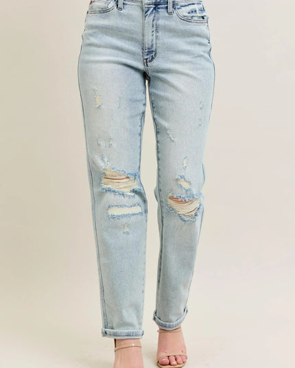 Judy Blue Full Size Mr Repair Stitch Detail Destroy Single Cuff Bf Jeans Plus Size - THE AMERICAN BLUE