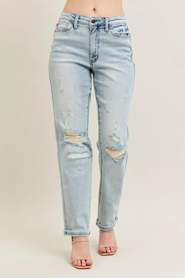 Judy Blue Full Size Mr Repair Stitch Detail Destroy Single Cuff Bf Jeans Plus Size - THE AMERICAN BLUE