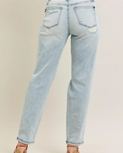 Judy Blue Full Size Mr Repair Stitch Detail Destroy Single Cuff Bf Jeans Plus Size - THE AMERICAN BLUE