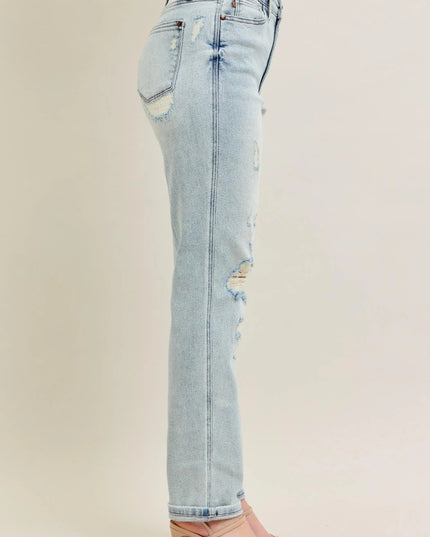 Judy Blue Full Size Mr Repair Stitch Detail Destroy Single Cuff Bf Jeans Plus Size - THE AMERICAN BLUE