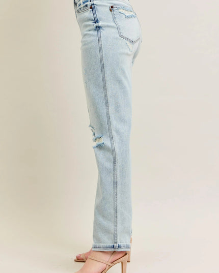 Judy Blue Full Size Mr Repair Stitch Detail Destroy Single Cuff Bf Jeans Plus Size - THE AMERICAN BLUE