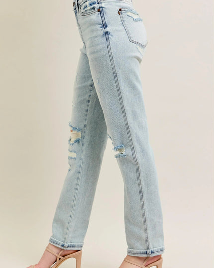Judy Blue Full Size Mr Repair Stitch Detail Destroy Single Cuff Bf Jeans Plus Size - THE AMERICAN BLUE