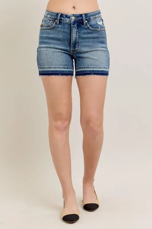 Judy Blue Full Size Mr Tummy Control Vintage Wash Release Hem Shorts Plus Size - THE AMERICAN BLUE