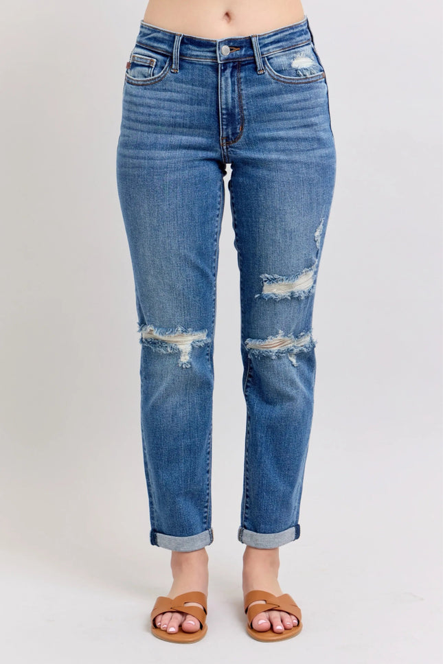 Judy Blue Full Size Mr Vintage Wash Boyfriend Fit W/ Destroy Jeans Plue Size - THE AMERICAN BLUE