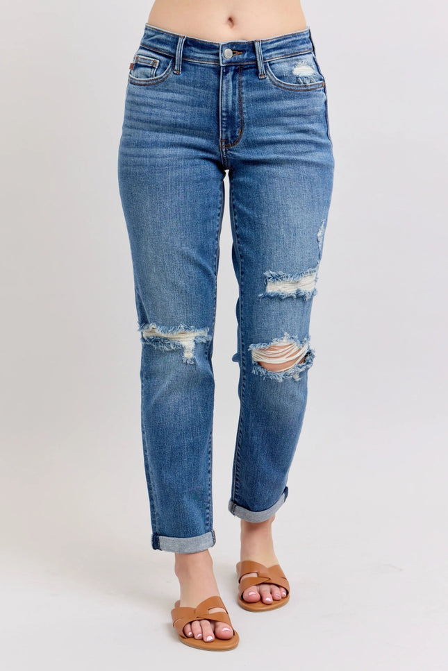 Judy Blue Full Size Mr Vintage Wash Boyfriend Fit W/ Destroy Jeans Plue Size - THE AMERICAN BLUE