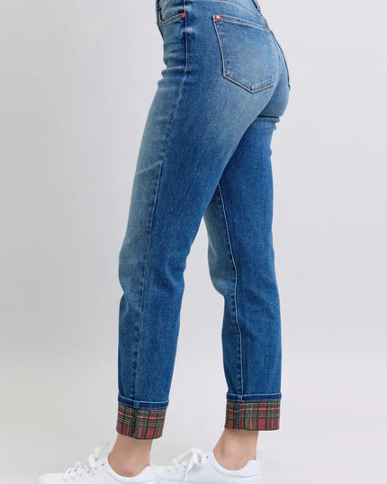 Judy Blue Full Size Plaid Print Cuff Straight Leg Jeans with Pockets - THE AMERICAN BLUE