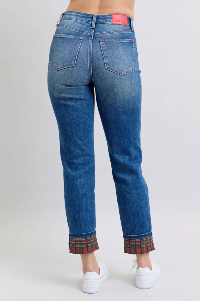 Judy Blue Full Size Plaid Print Cuff Straight Leg Jeans with Pockets - THE AMERICAN BLUE