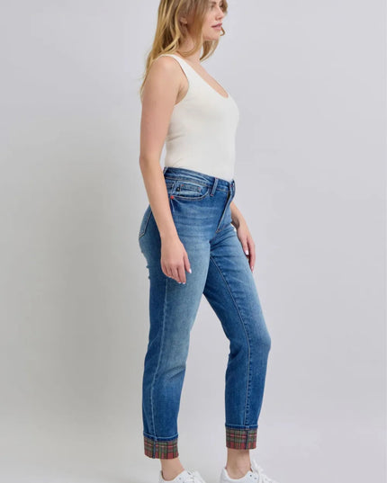 Judy Blue Full Size Plaid Print Cuff Straight Leg Jeans with Pockets - THE AMERICAN BLUE