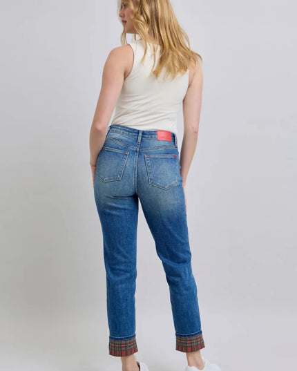 Judy Blue Full Size Plaid Print Cuff Straight Leg Jeans with Pockets - THE AMERICAN BLUE