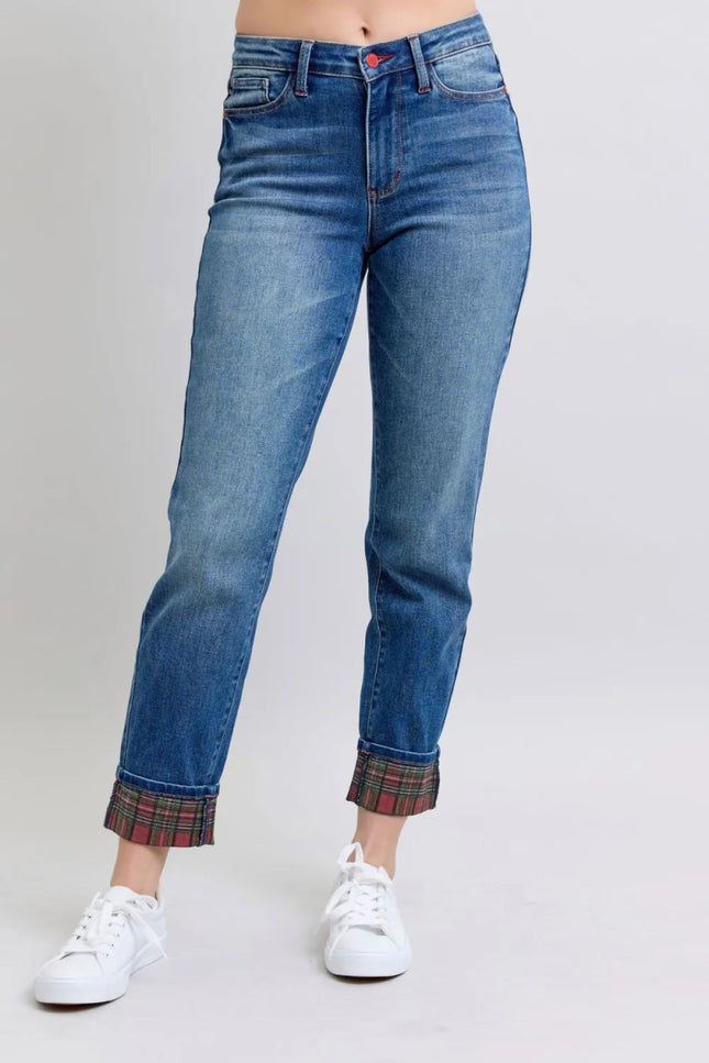 Judy Blue Full Size Plaid Print Cuff Straight Leg Jeans with Pockets - THE AMERICAN BLUE