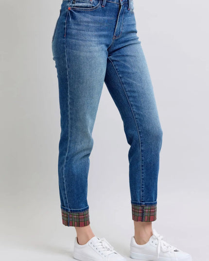 Judy Blue Full Size Plaid Print Cuff Straight Leg Jeans with Pockets - THE AMERICAN BLUE