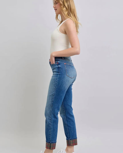 Judy Blue Full Size Plaid Print Cuff Straight Leg Jeans with Pockets - THE AMERICAN BLUE