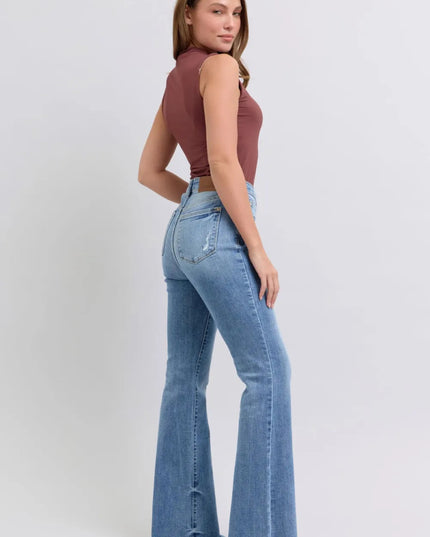 Judy Blue Full Size Raw Hem High Rise Bootcut Jeans - THE AMERICAN BLUE