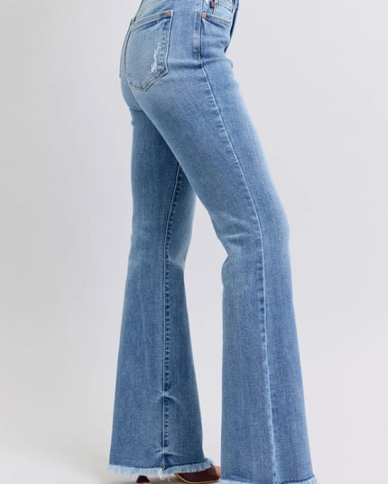 Judy Blue Full Size Raw Hem High Rise Bootcut Jeans - THE AMERICAN BLUE