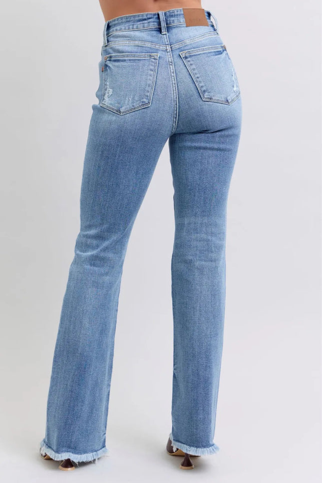 Judy Blue Full Size Raw Hem High Rise Bootcut Jeans - THE AMERICAN BLUE