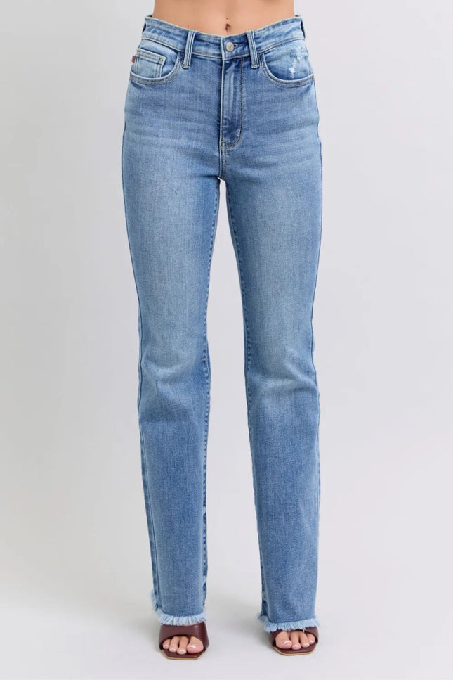 Judy Blue Full Size Raw Hem High Rise Bootcut Jeans - THE AMERICAN BLUE