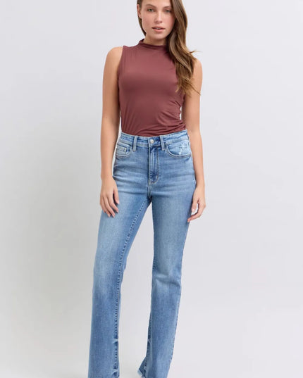Judy Blue Full Size Raw Hem High Rise Bootcut Jeans - THE AMERICAN BLUE