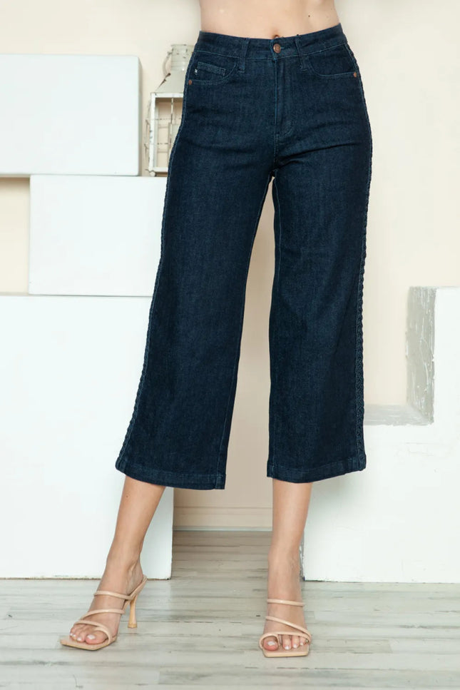 Judy Blue Full Size Side Seam Braid Detail Crop Wide Leg Jeans - THE AMERICAN BLUE
