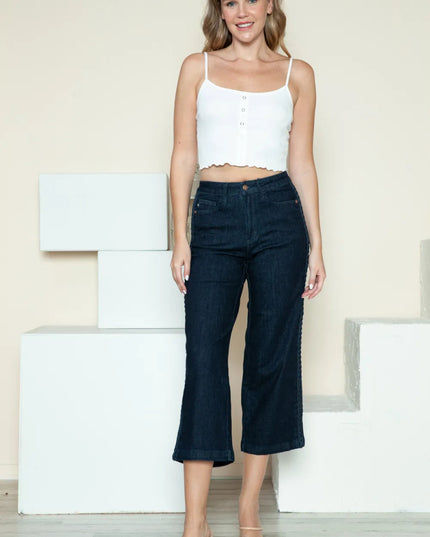 Judy Blue Full Size Side Seam Braid Detail Crop Wide Leg Jeans - THE AMERICAN BLUE