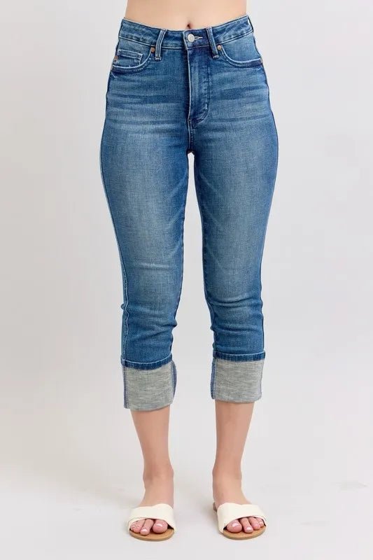 Judy Blue Full Size Skinny Cuff Capris Jeans with Pockets Plus Size - THE AMERICAN BLUE