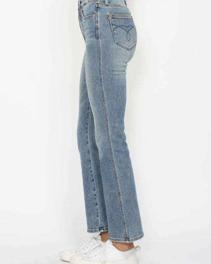 Judy Blue Full Size Tummy Control Back Embroidered Pocketed Bootcut Jeans Plus Size - THE AMERICAN BLUE