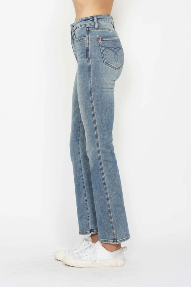Judy Blue Full Size Tummy Control Back Embroidered Pocketed Bootcut Jeans Plus Size - THE AMERICAN BLUE
