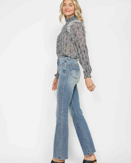 Judy Blue Full Size Tummy Control Back Embroidered Pocketed Bootcut Jeans Plus Size - THE AMERICAN BLUE