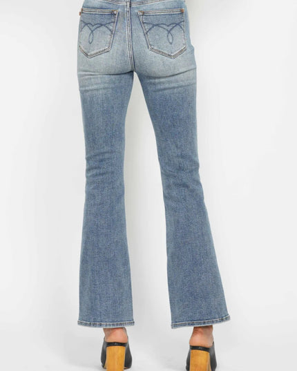 Judy Blue Full Size Tummy Control Back Embroidered Pocketed Bootcut Jeans Plus Size - THE AMERICAN BLUE