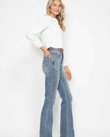Judy Blue Full Size Tummy Control Back Embroidered Pocketed Bootcut Jeans Plus Size - THE AMERICAN BLUE