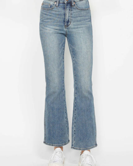 Judy Blue Full Size Tummy Control Back Embroidered Pocketed Bootcut Jeans Plus Size - THE AMERICAN BLUE