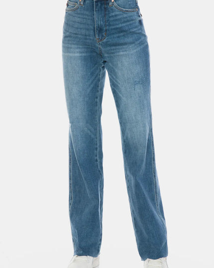 Judy Blue Full Size Tummy Control Cut Raw Hem Straight Jeans - THE AMERICAN BLUE