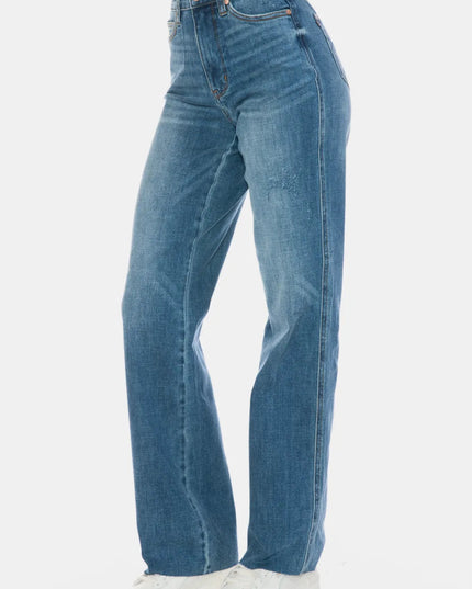 Judy Blue Full Size Tummy Control Cut Raw Hem Straight Jeans - THE AMERICAN BLUE