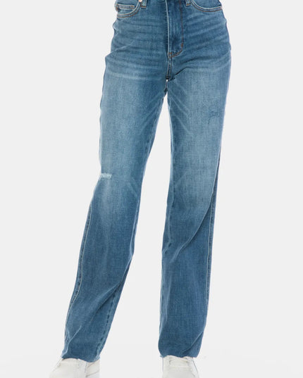 Judy Blue Full Size Tummy Control Cut Raw Hem Straight Jeans - THE AMERICAN BLUE