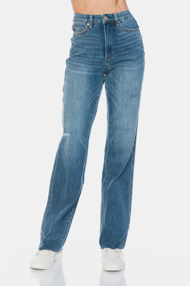 Judy Blue Full Size Tummy Control Cut Raw Hem Straight Jeans - THE AMERICAN BLUE