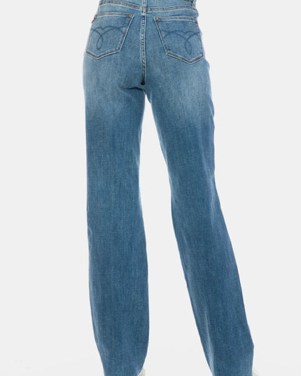 Judy Blue Full Size Tummy Control Cut Raw Hem Straight Jeans - THE AMERICAN BLUE