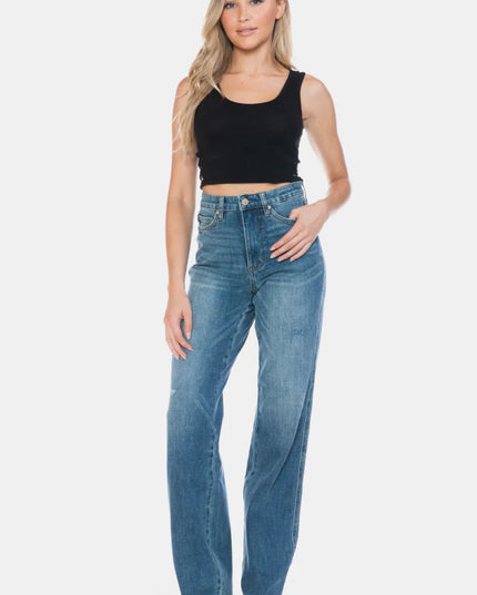 Judy Blue Full Size Tummy Control Cut Raw Hem Straight Jeans - THE AMERICAN BLUE