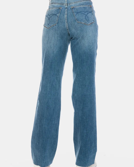 Judy Blue Full Size Tummy Control Cut Raw Hem Straight Jeans - THE AMERICAN BLUE