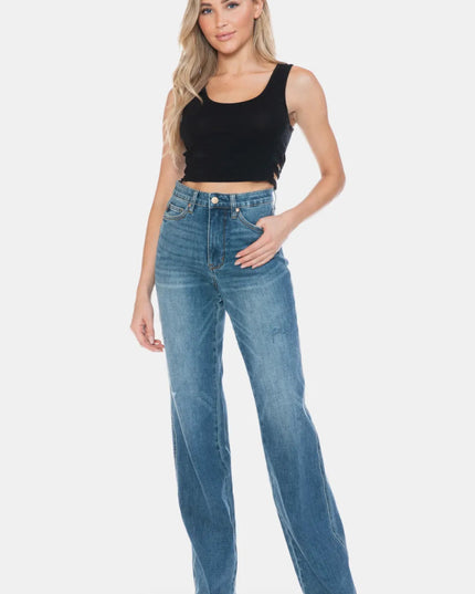 Judy Blue Full Size Tummy Control Cut Raw Hem Straight Jeans - THE AMERICAN BLUE